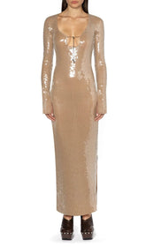 PAILLETTENKLEID MIT LANGEN ÄRMELN UND RÜCKENFREIEM KHAKI
